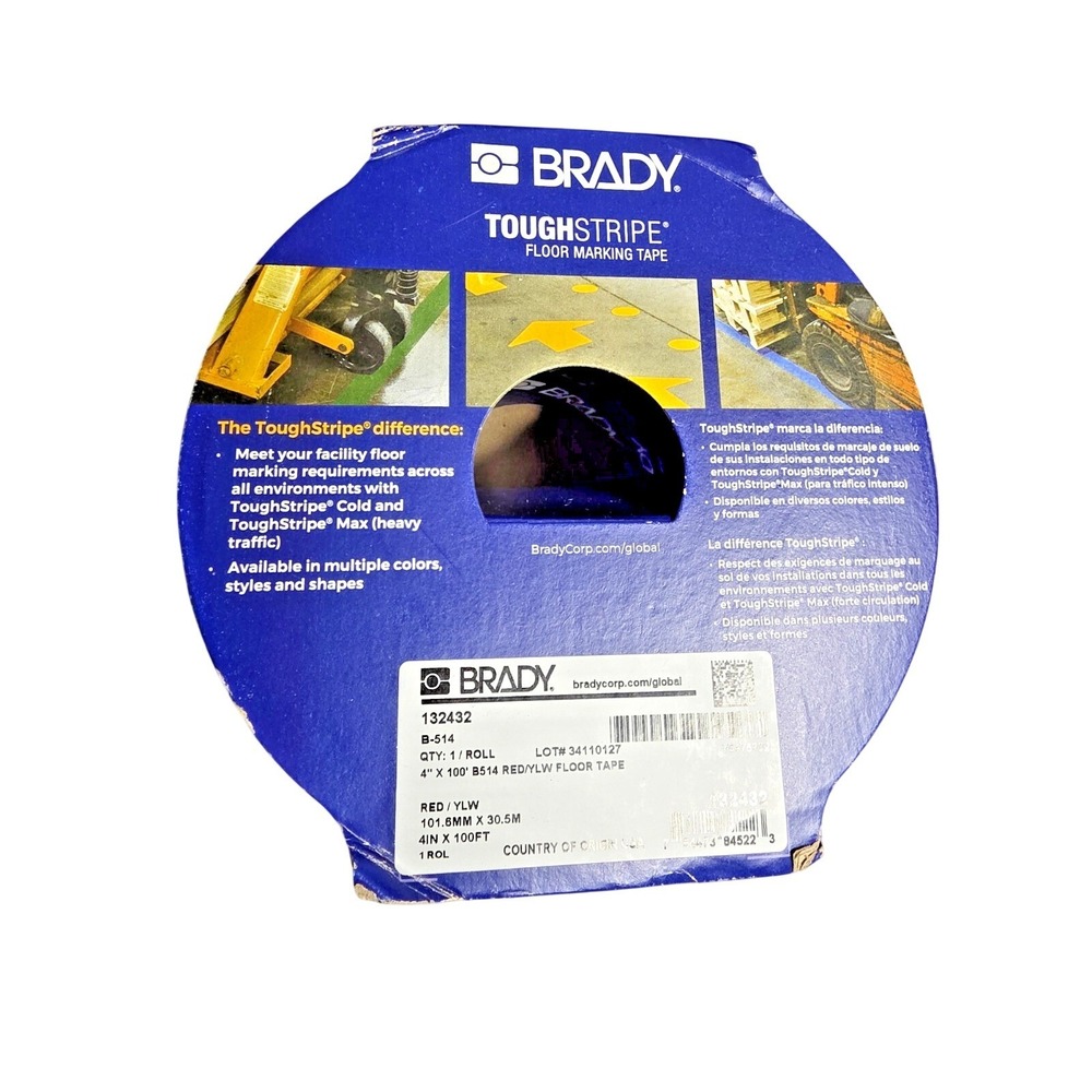 Brady 132432 ToughStripe Floor Marking Tape Red Yellow Non-Abrasive 4" X 100'